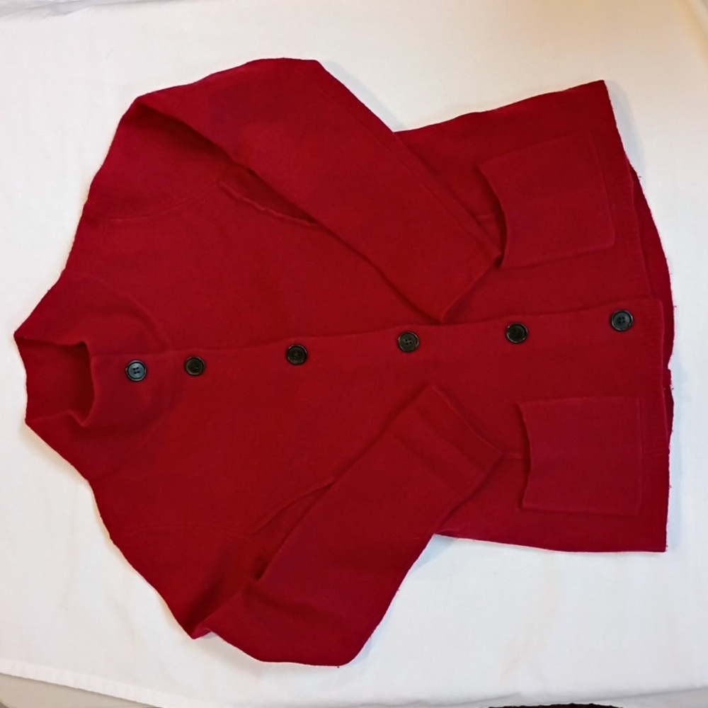 Eileen Fisher Red Wool Mock Neck Cardigan Patch Pockets Size Medium